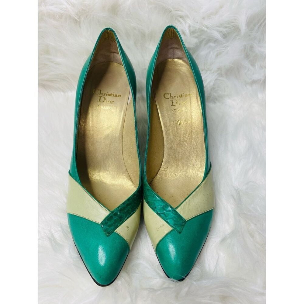 Dior (from 1953-63) Emerald Green, Cream & Gold Color-block Pumps. Authentic.